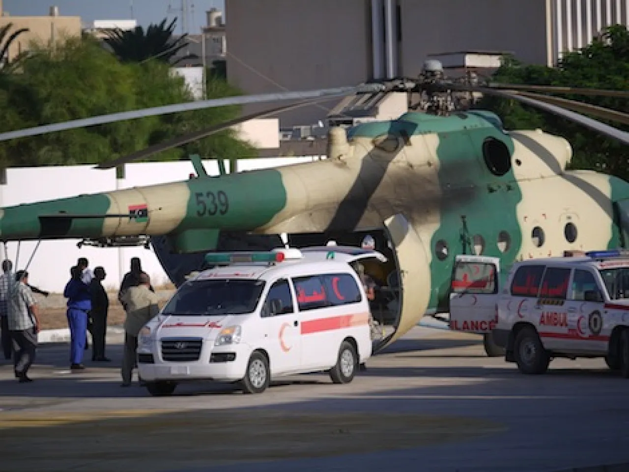 MisrataCasualties A helicopter brings casualties back to Misrata on Thursday. (Photo: George Grant)