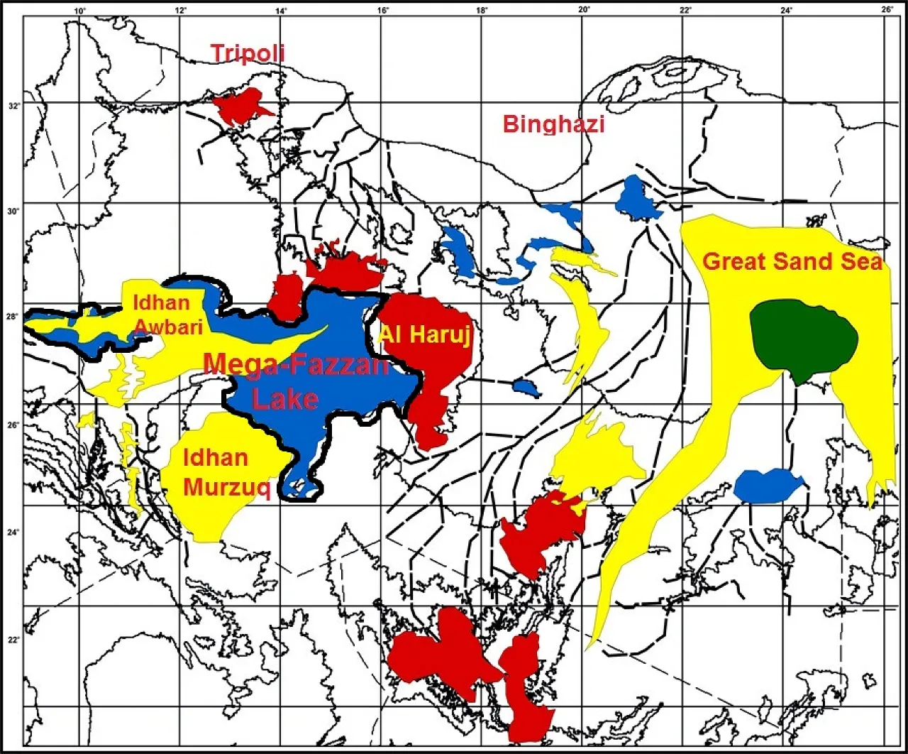 04_Peistocene-Holocene Figure 3: Lake Mega-Fezzan reached an area of about 120,000km2 during the humid periods, after the basin has been blocked by the volcanic fields in the east. (Red, volcanic fields, blue old lakes, yellow sand seas) ( Figure after N. Drake et al., Fezzan Mega-Lake Project, 2007) .