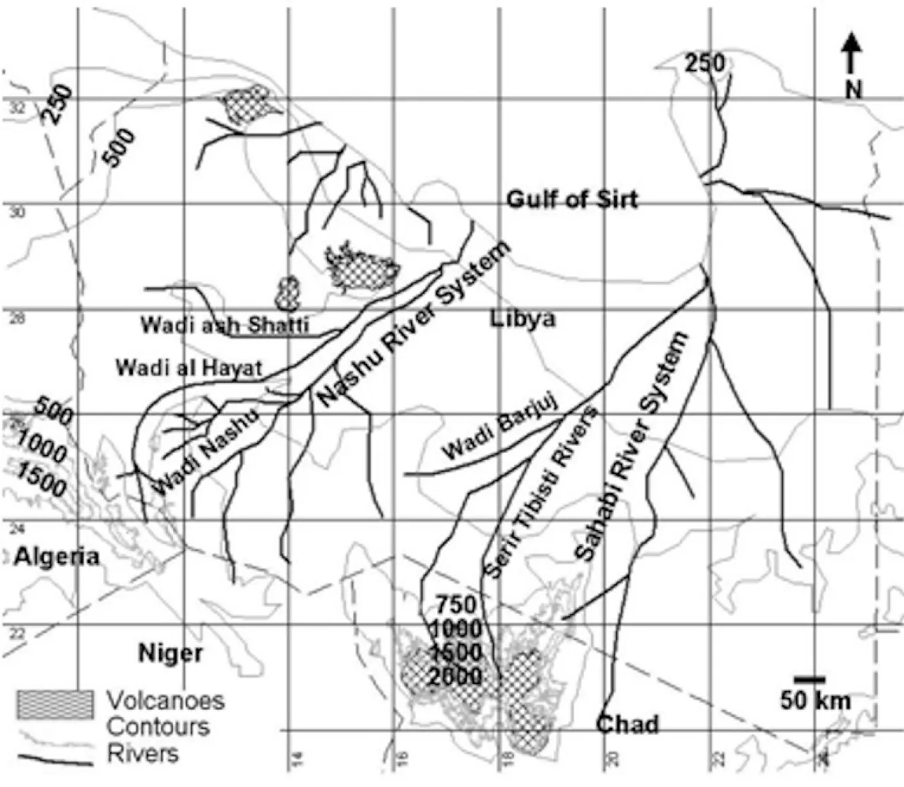 Figure 1 Figure 1: During the Miocene period, the Fezzan Region was drained by few major rivers: Wadi ash Shati, Wadi Ajal (Al-Hayat) and Wadi Nashu, forming the Nashu River System. The other river system is Wadi Barjuj. Al these rivers and the other rivers of Sahabi River System and Serir Tibisti Rivers run into the Mediterranean coast at the Gulf of Sirte ( Figure after N. Drake et al., Fezzan Mega- Lake Project, 2007)