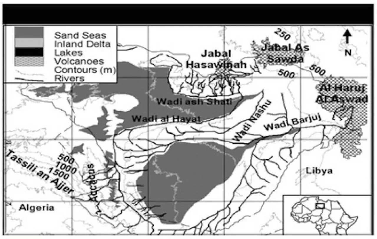 Figure 2 Figure 2: All the tributaries of River Nashu were gradually cut off by the Haruj Al-Aswad and its expansion towards Jabal Al-Sawda in the Late Miocene or Early Messinian periods. Wadi Barjuj was blocked by the growth of Al-Haruj Al-Aswad and Haruj Al-Abyad sometime between 4 and 2 MA (Figure after N. Drake et al., Fezzan Mega- Lake Project, 2007) .