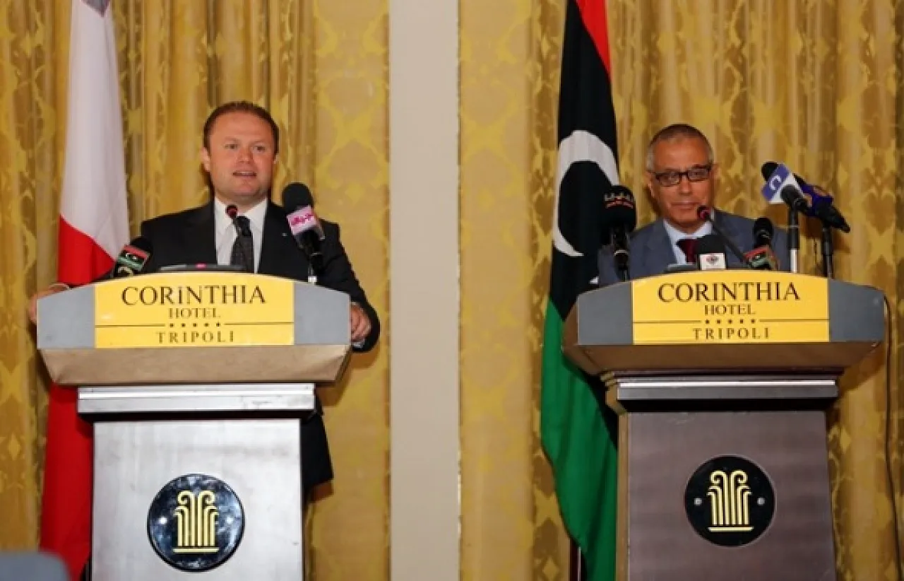 Maltese Prime Minister Joseph Muscat (left) and Ali Zeidan today