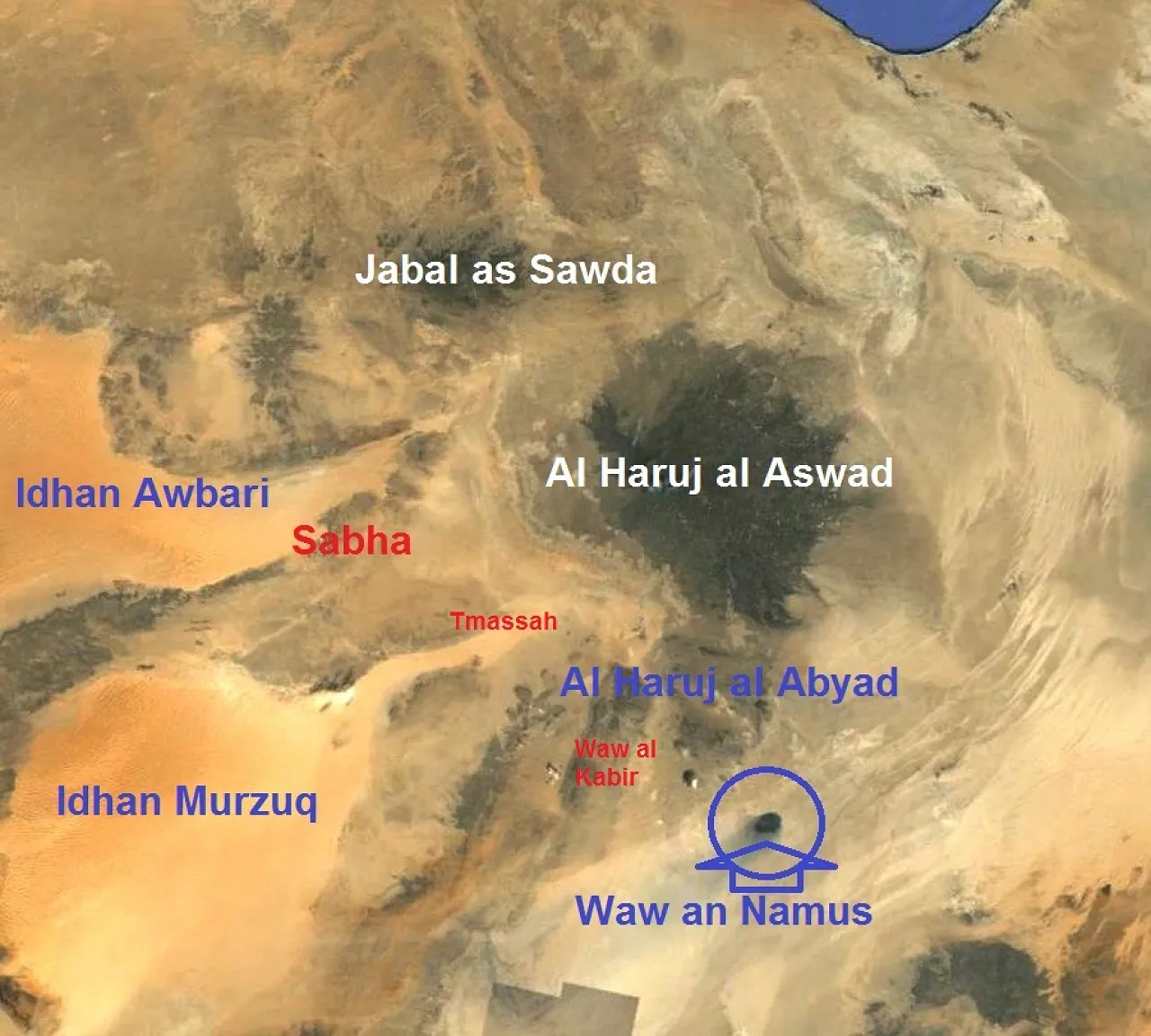 satellite image -Libya Figure 3: Satellite image showing location of Waw An-Namus in south-central Libya, at the southern edge of the major Al Haruj volcanic field.