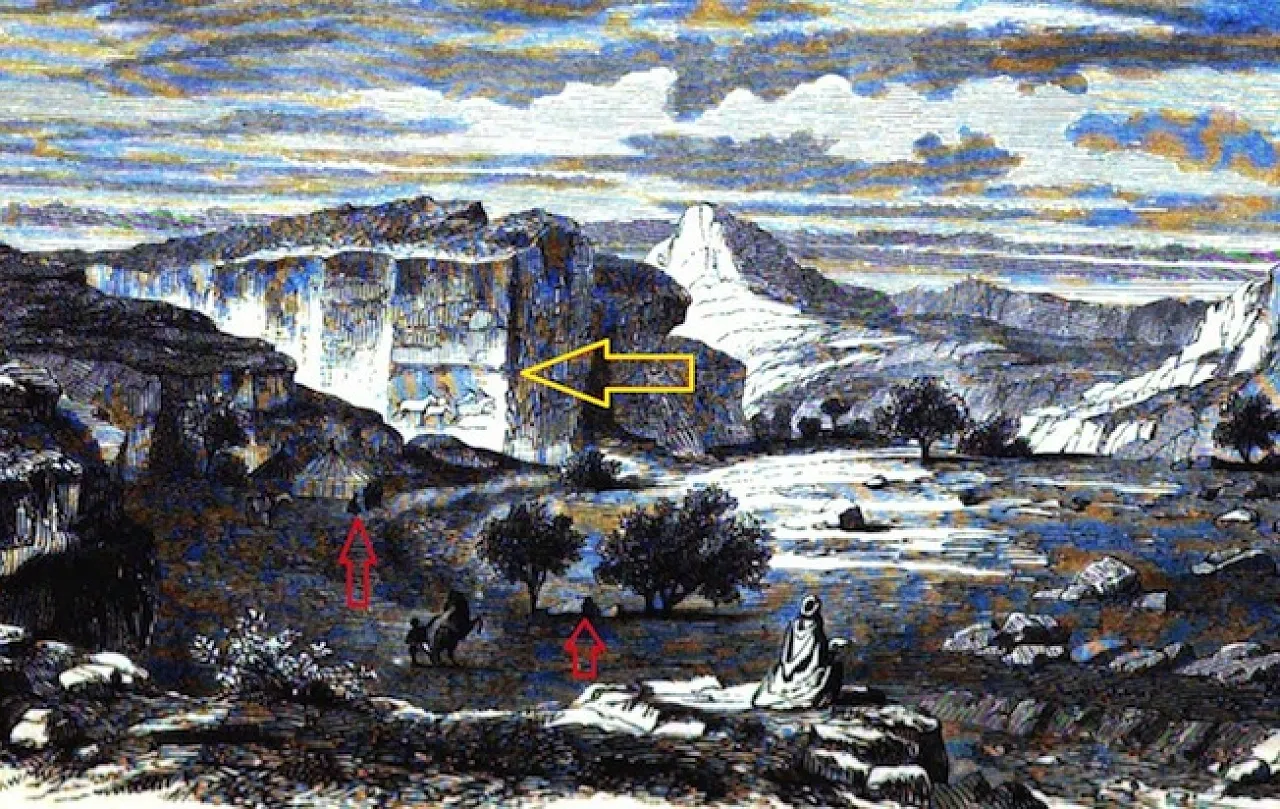 Figure 2: Wadi Tilizzaghen as seen by Heinrich Barth on his first trip to the Messak, in July,1850. Note his camp site near the acacia trees (red arrows) and the engravings facing the camp on the face of the steep cliff in the central part of the drawing (yellow arrow).