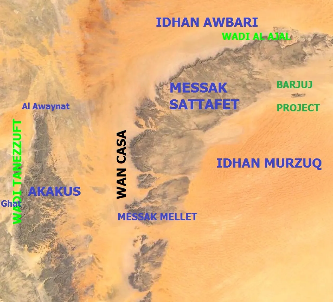Figure 8: The crescent-shaped Messak Sattafet and Messak Mellet. Note that the plateau is delimited by high cliffs on its western and northern sides, while it gradually ends under the Idhan Murzuq Sand Sea in the east. The famous Akakus mountains in the west are rich in prehistoric paintings and are registered with UNESCO as a World Heritage site.