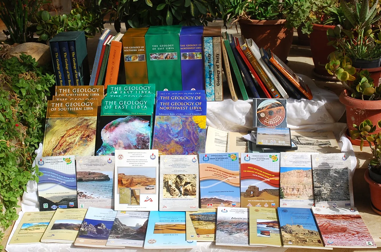 Figure 8: Earth Science Society of Libya (ESSL) library with over 60 publications through its life span of 55 years. While the newer publications are still available in hard copies in very handsome coloured publications (thanks to the unlimited support from the NOC and its companies); the old out-of-print ones are being scanned and produced in digital format so that they will be available as e-books. It is hoped that this library will be expanded in the near future and more field activities and international gatherings are held.