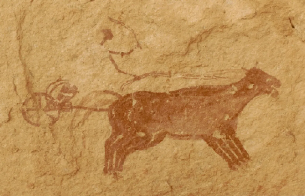 Figure 4:  The top image shows dogs hunting Barbary sheep (Waddan) (Wadi Taschwaynet). The artist used more than one colour for the painting. The lower image depicts a chariot and horses. Both these images belong to the Horse Period (Photo: M. J. Salem).
