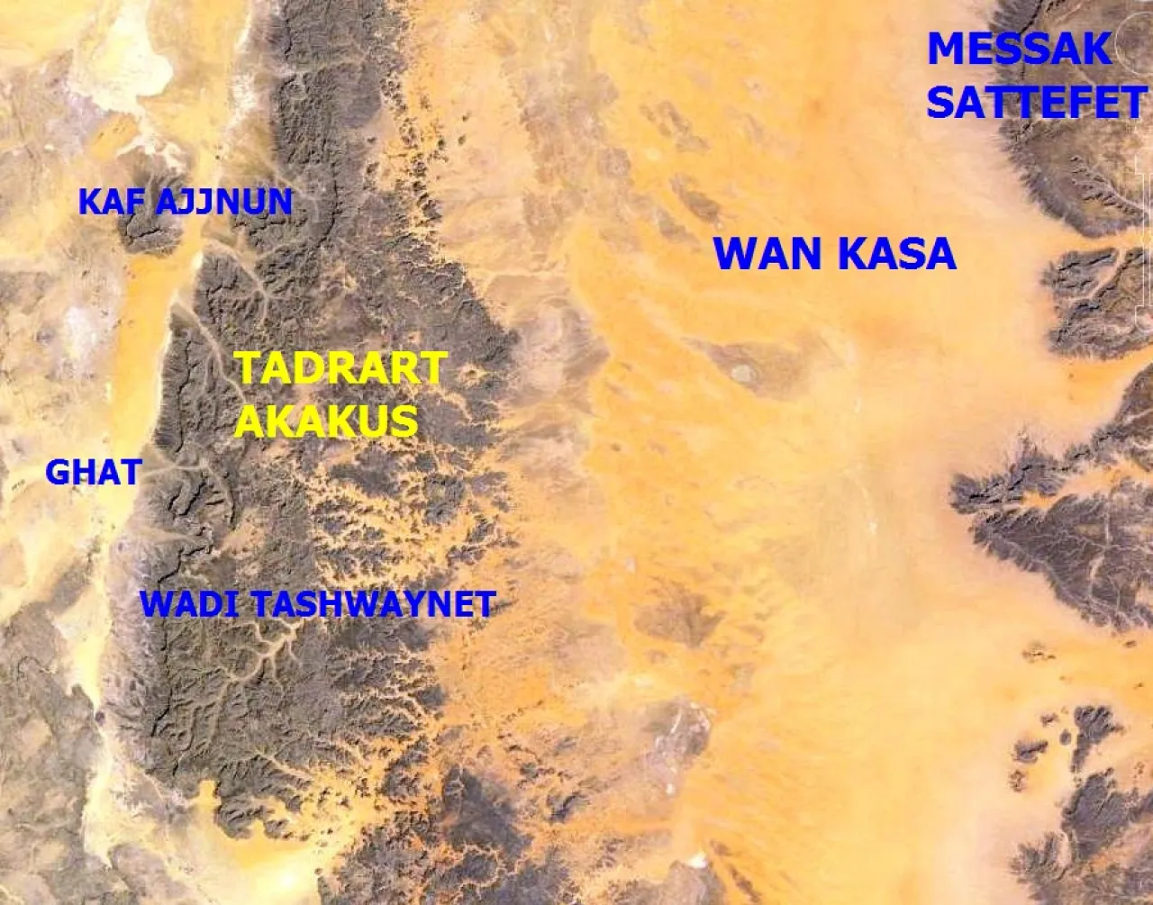 Figure 2:  Tadrart Akakus with the famous Wadi Tashwaynet in the south (one of the main wadis with several sites rich in rock art). The mountains alone provide beautiful landscapes and add to the numerous sites of interesting art works including paintings and rock engravings.
