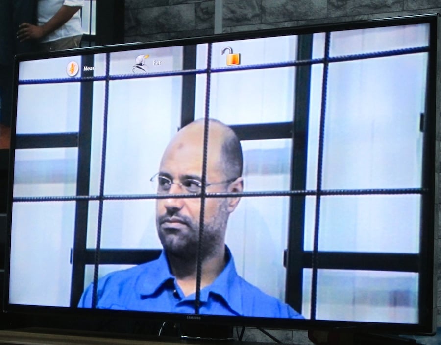 Saif when he first appeared by video link in Tripoli (Photo: Tom Westcott)