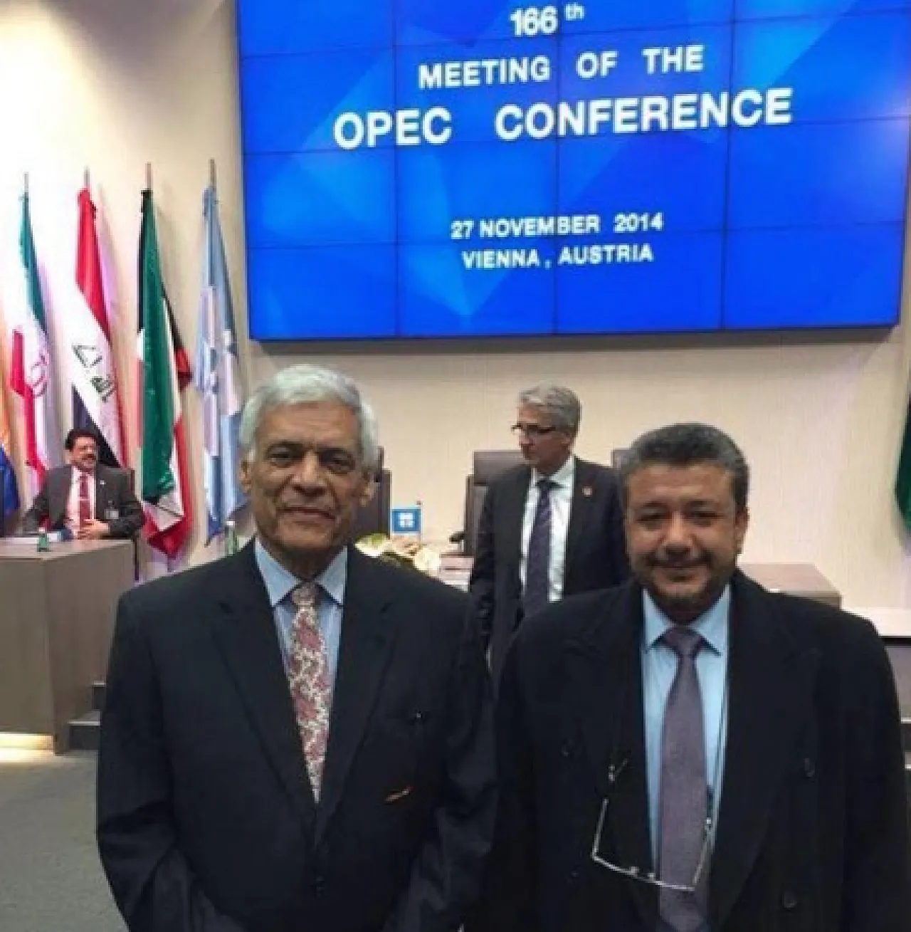 Mabrook Buseif (right) at the Vienna meeting with OPEC Secretary General and fellow Libyan Abdalla El-Badri