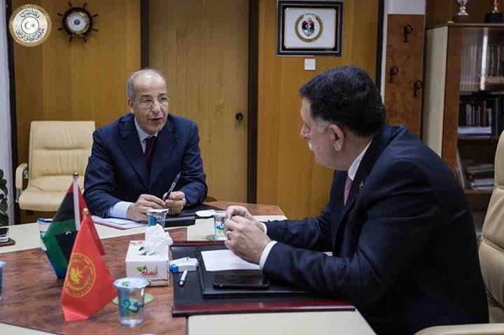 Tripoli CBL Governor Sadik Kabir in a meeting with Faiez Serraj in Tripoli in April (Archive Photo: CBL).