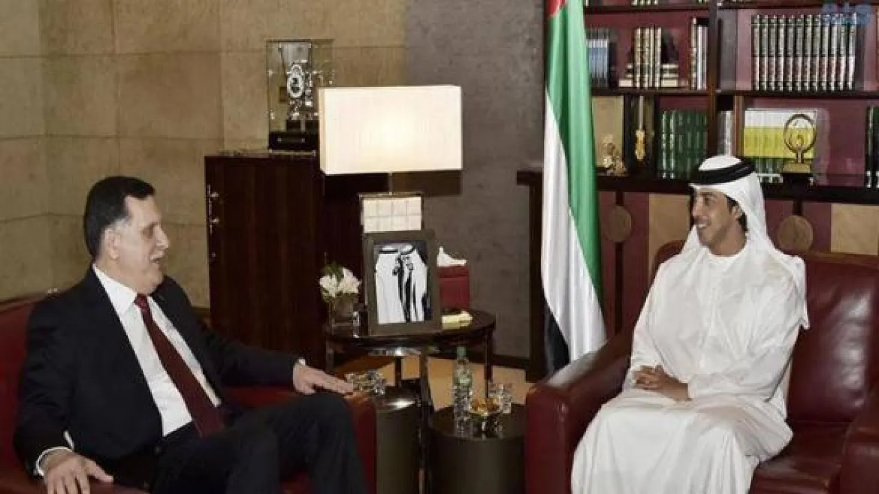 Serraj with UAE deputy PM Sheikh Mansour bin Zayed Al Nahyan today (Photo: WAM)