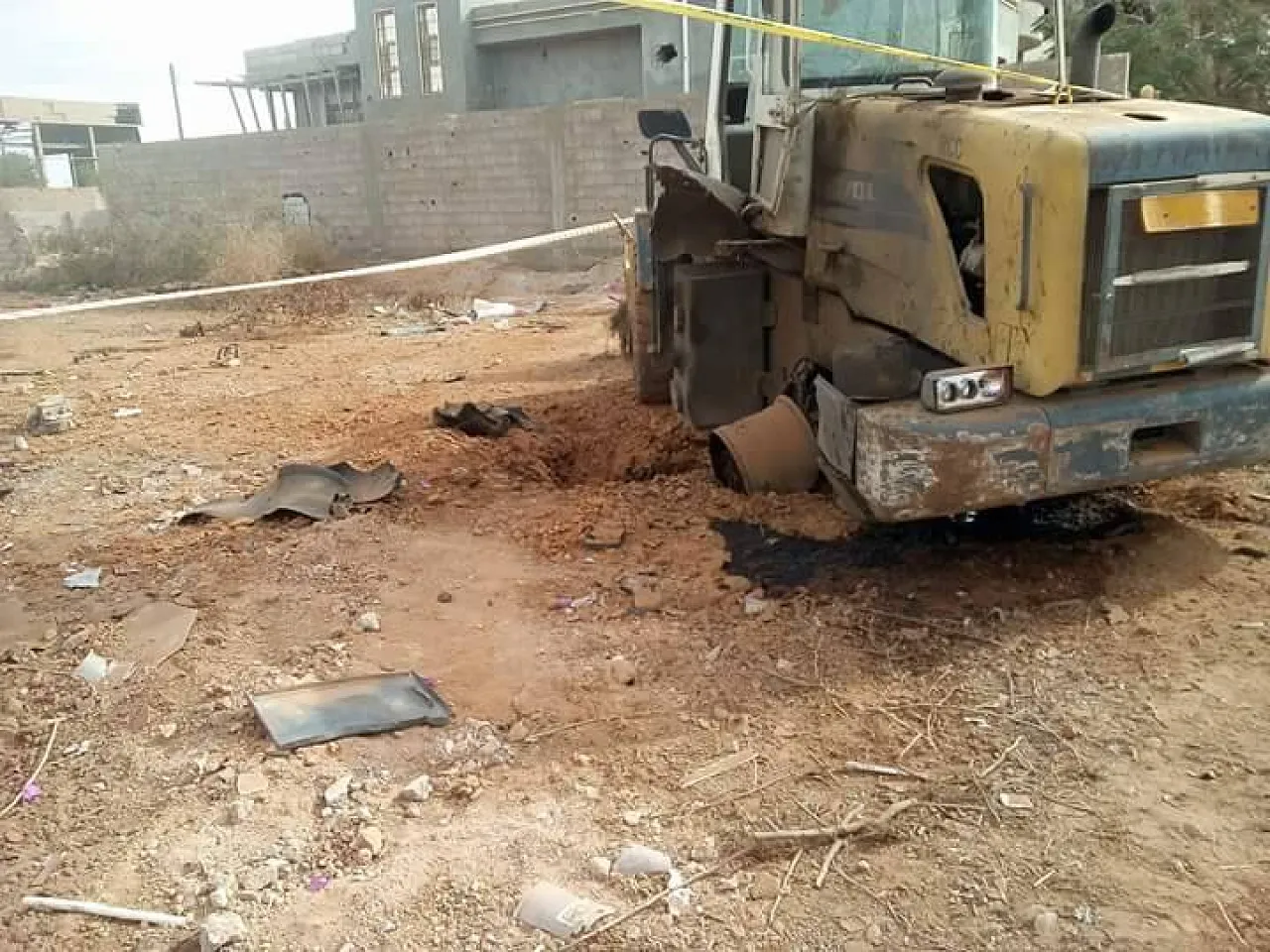 A digger on the university campus after hitting a mine (Photo: social media)