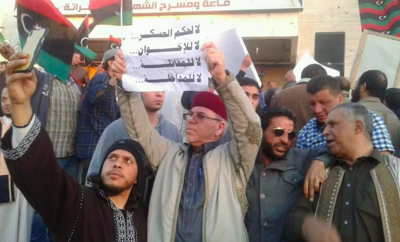 Salah Badi at the Misrata demonstration with friend doing a "selfie" (Photo: Social media)