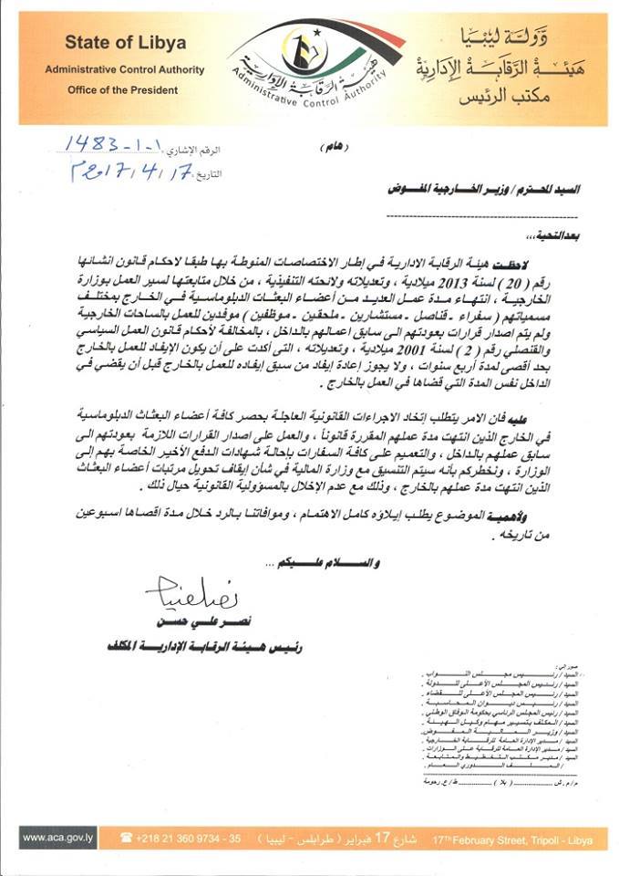 Administrative Control Authority cautions Foreign Ministry for extending diplomatic postings beyond four-year legal limit.