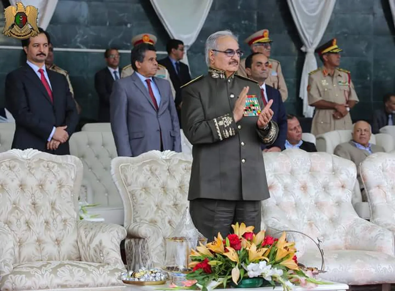 Field Marshal Khalifa Hafter at the military celebrations in Tocra today (Photo: Libya 218 TV) 