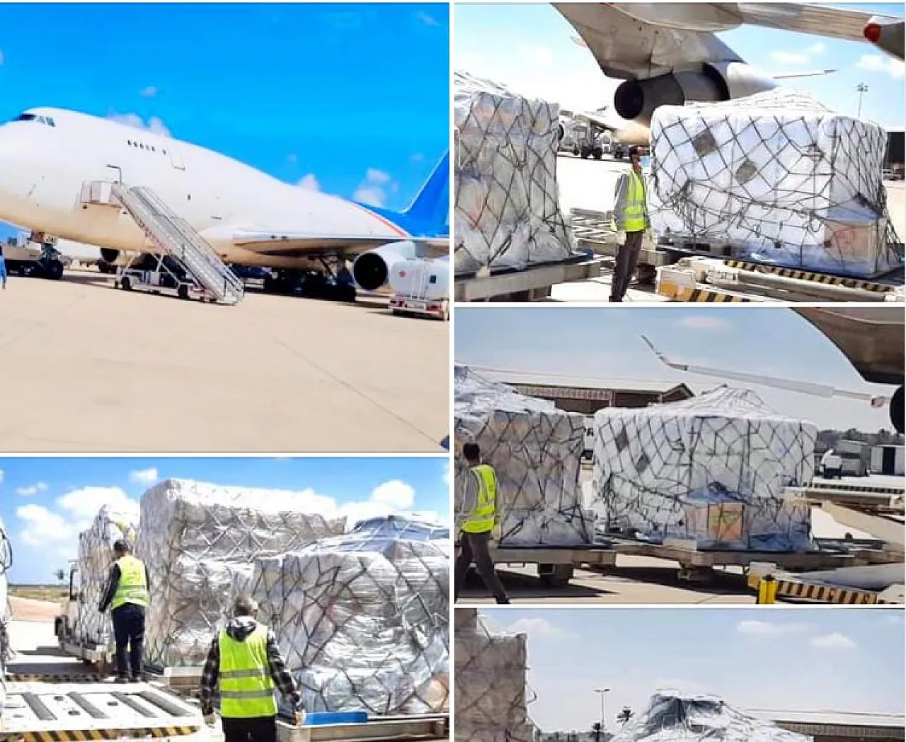 A Boeing 747 cargo plane from Belgium unloaded vital medical supplies for the anti-Coronavirus effort at Misrata airport today (Photo: Tripoli Health Ministry).