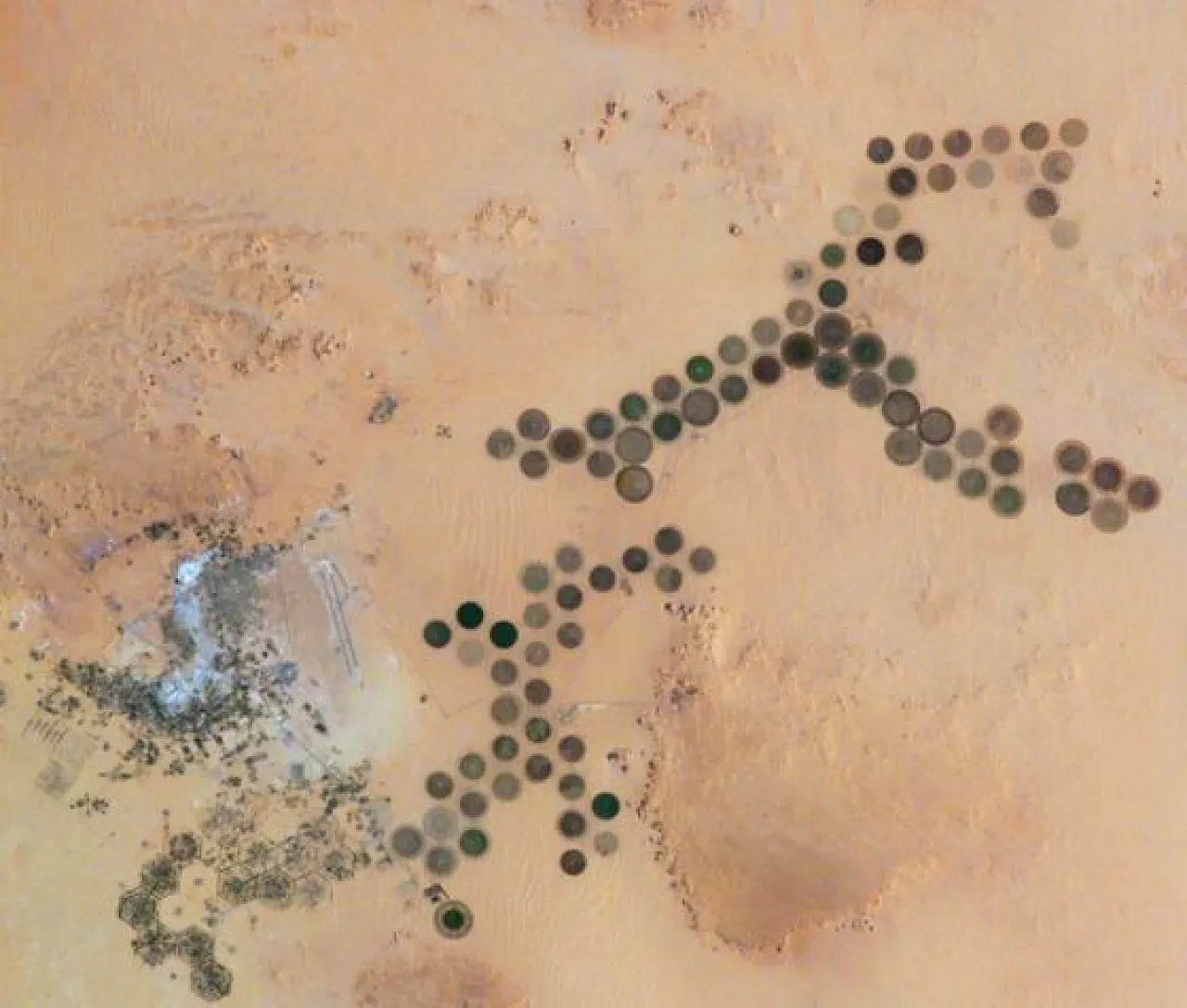 A centre-pivot agricultural irrigation project in Kufra, south east Libya, photographed by NASA (Photo: NASA).
