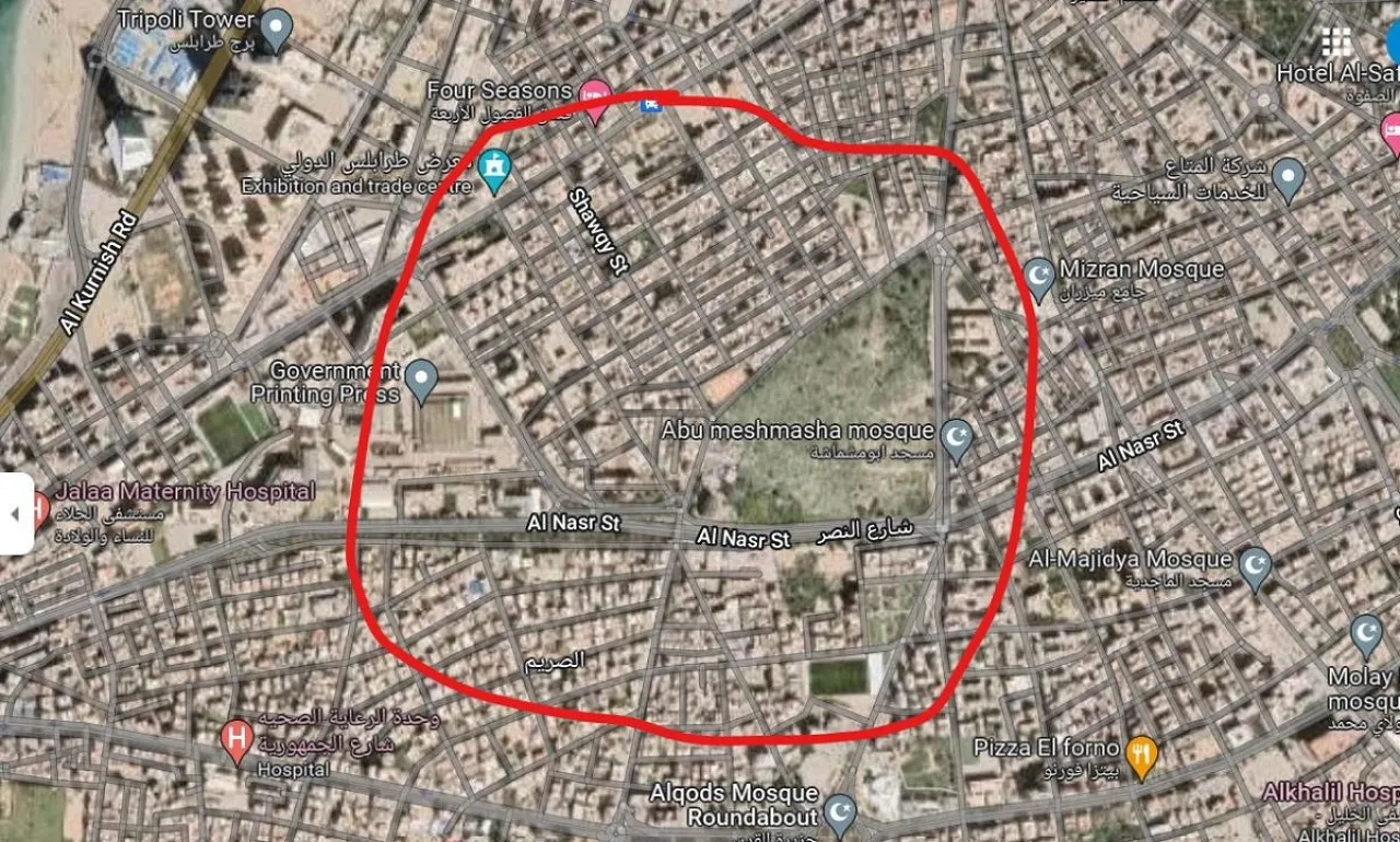 Ghnewa Kikli's Support and Stability militia imposed a wide cordon at roads leading to the Sreem area where the militia clashes took place, preventing civilians from entering the area (Google Maps).